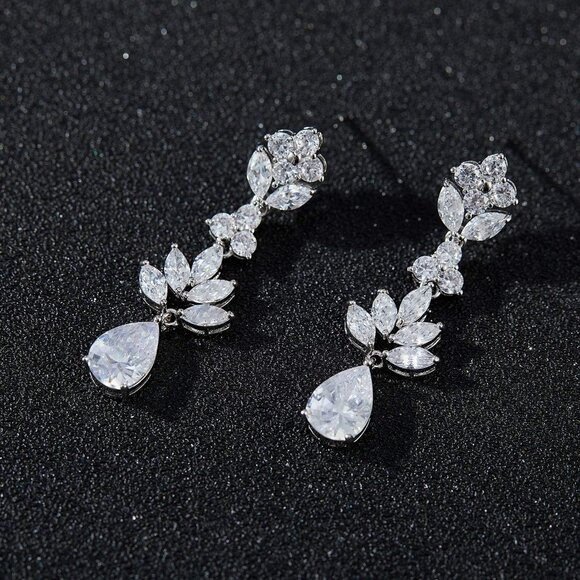 Women's Silver Crystal Cubic Zirconia Bridal Drop Teardrop Wedding Earrings - Picture 5 of 7